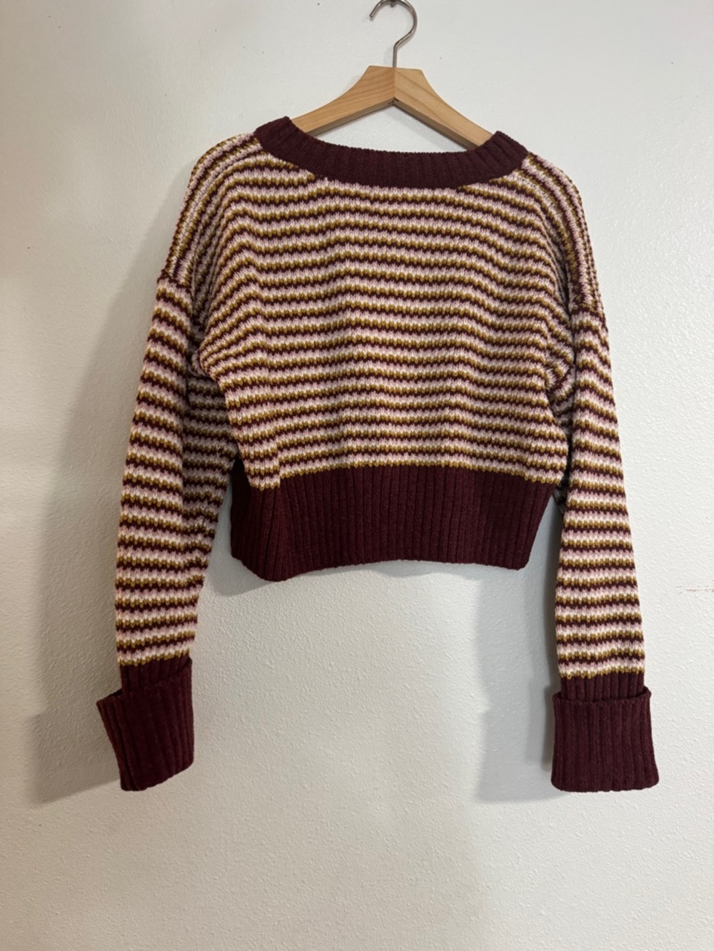 Pink Republic Striped V-Neck Sweater in Burgundy, Cream & Mustard cropped - Picture 2 of 7